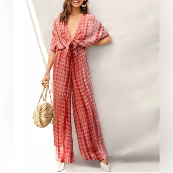 Plunging Neck Knot Front Tie Dye Palazzo Jumpsuit - Picture 2 of 6